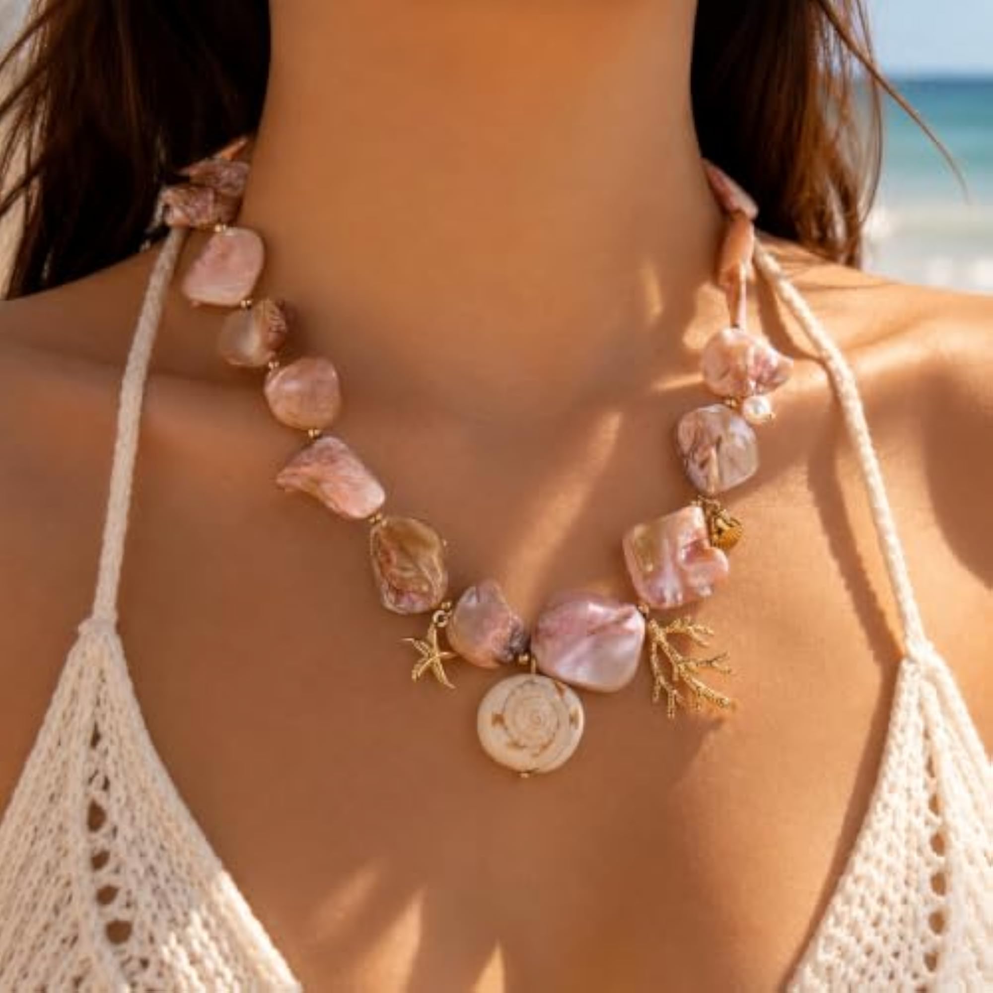 Gold and Pearl Shell Necklace, 18K Gold Plated
